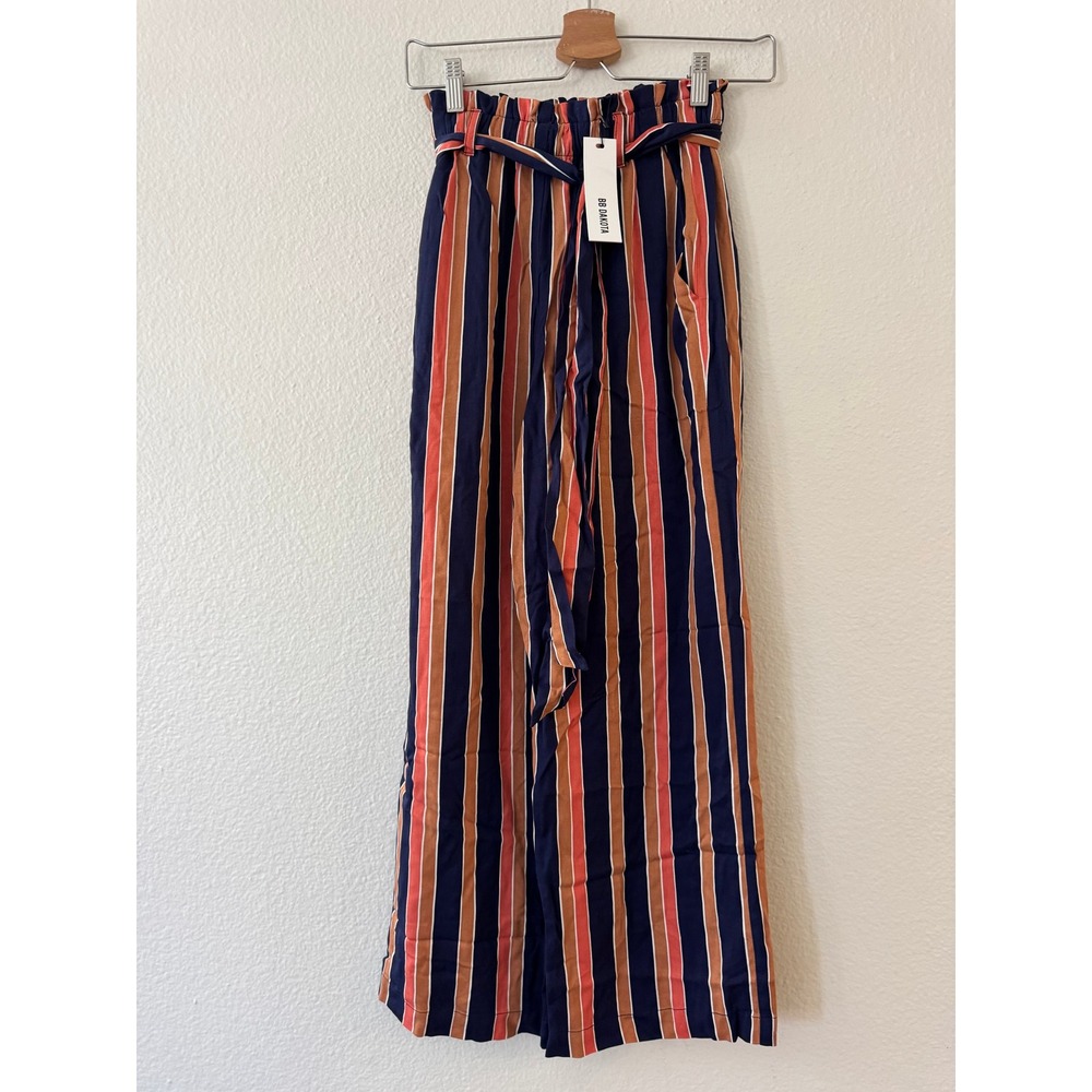 BB Dakota Striped Paperbag Waist Wide Leg Pants XS Navy Orange New With Tags